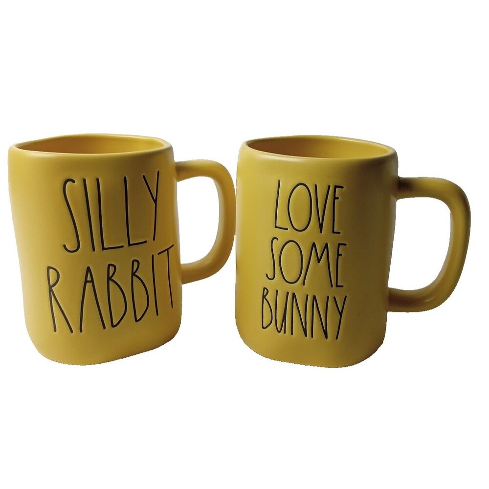 Rae Dunn Easter Mugs Set of 2 Yellow Silly Rabbit Love Some Bunny Coffee Cups